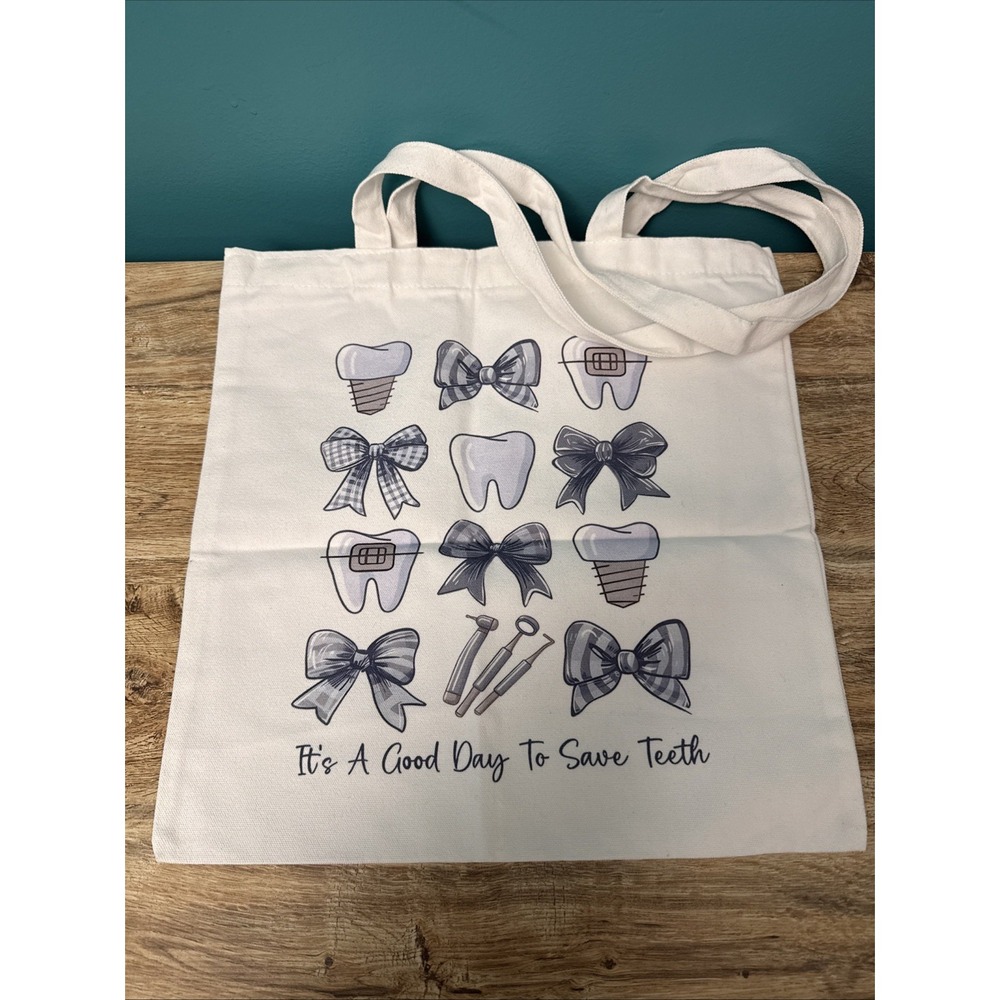 NWOT Dentist Dental Gift Tote Cream Gray It's A Good Day To Save Teeth Bow‎ CUTE